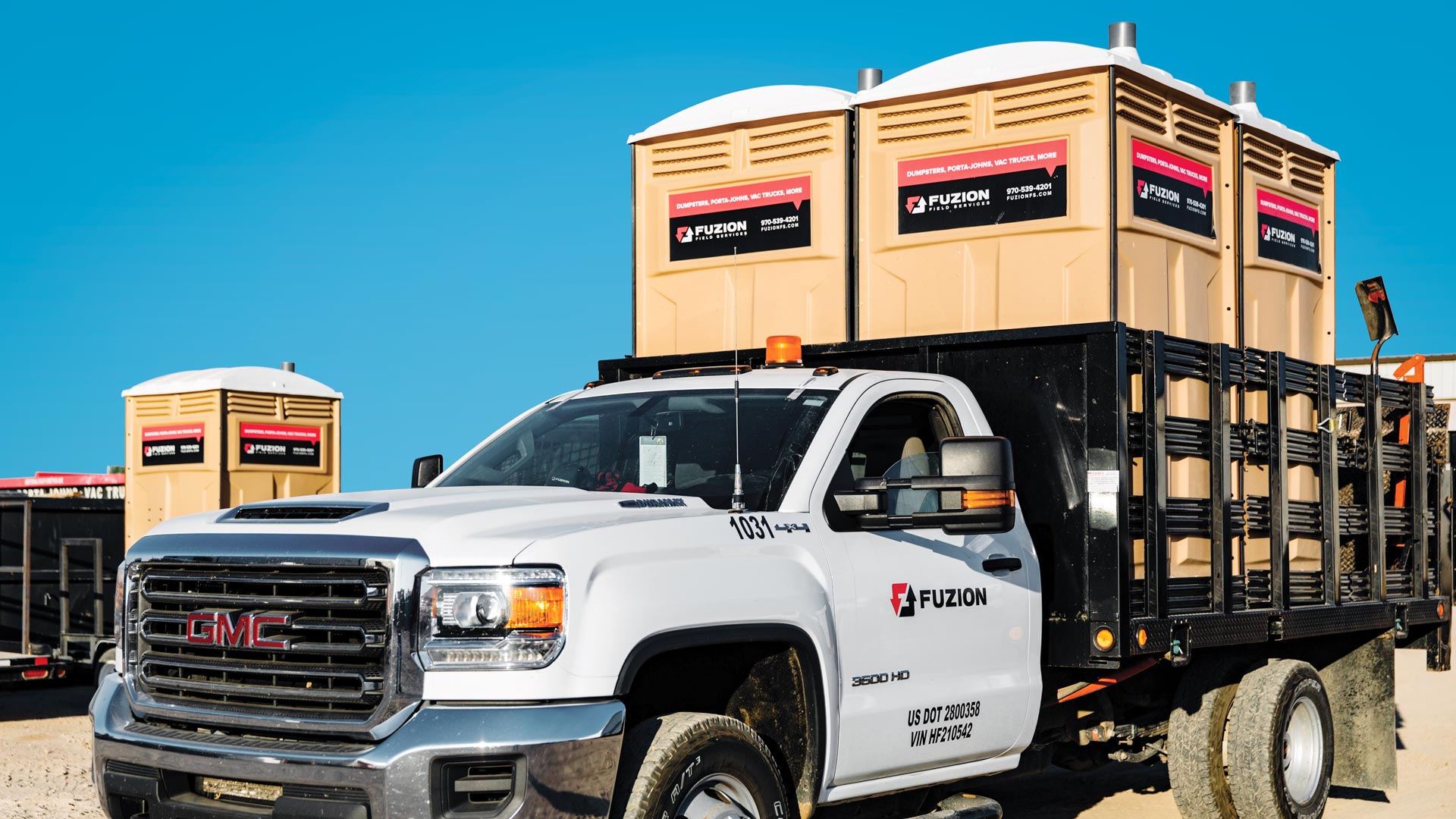 Fuzion portable toilets, ready for rental delivery.