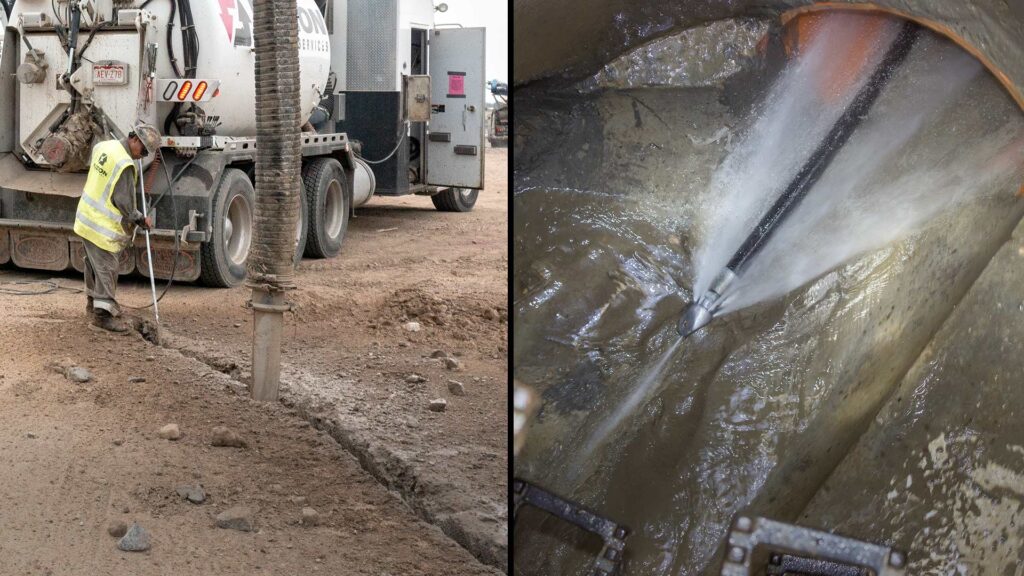 Fuzion hydrovac operator trenching and a close up image of a hydro jet nozzle cleaning out a sewer line.