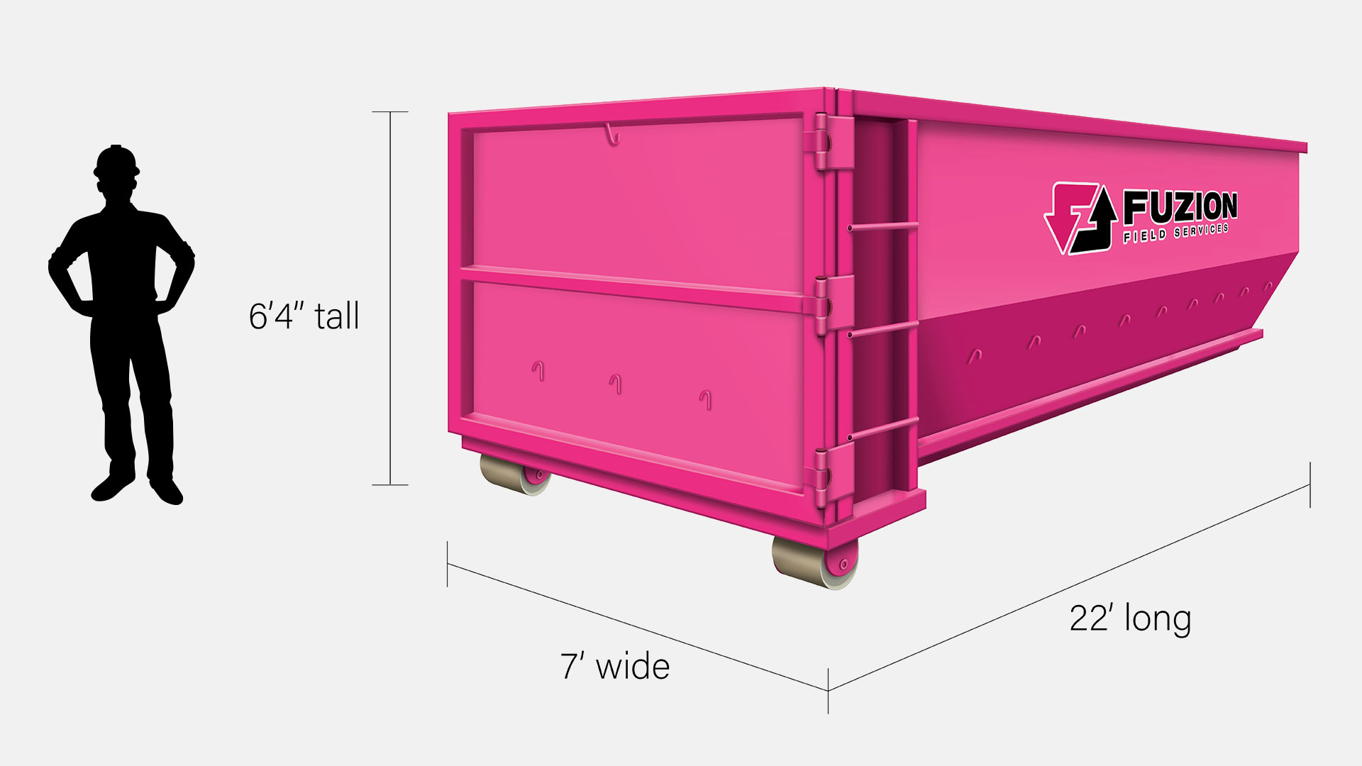 A pink Fusion roll-off dumpster.