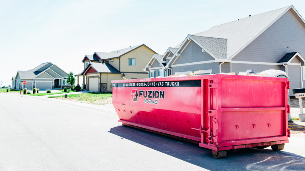 One of Fuzion’s 20-yard dumpster rentals in a residential neighborhood in Colorado.