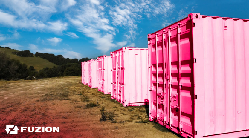 Bright pink storage containers lined up outdoors, representing a storage container rental option.
