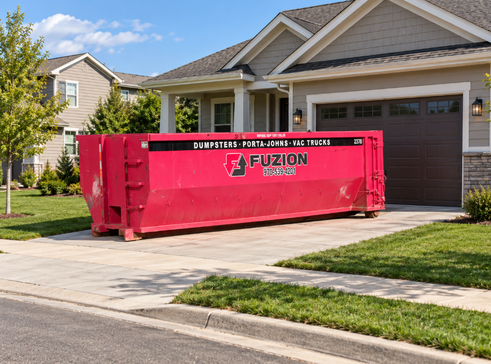 Fuzion roll-off dumpster in the driveway of a clean suburban home.