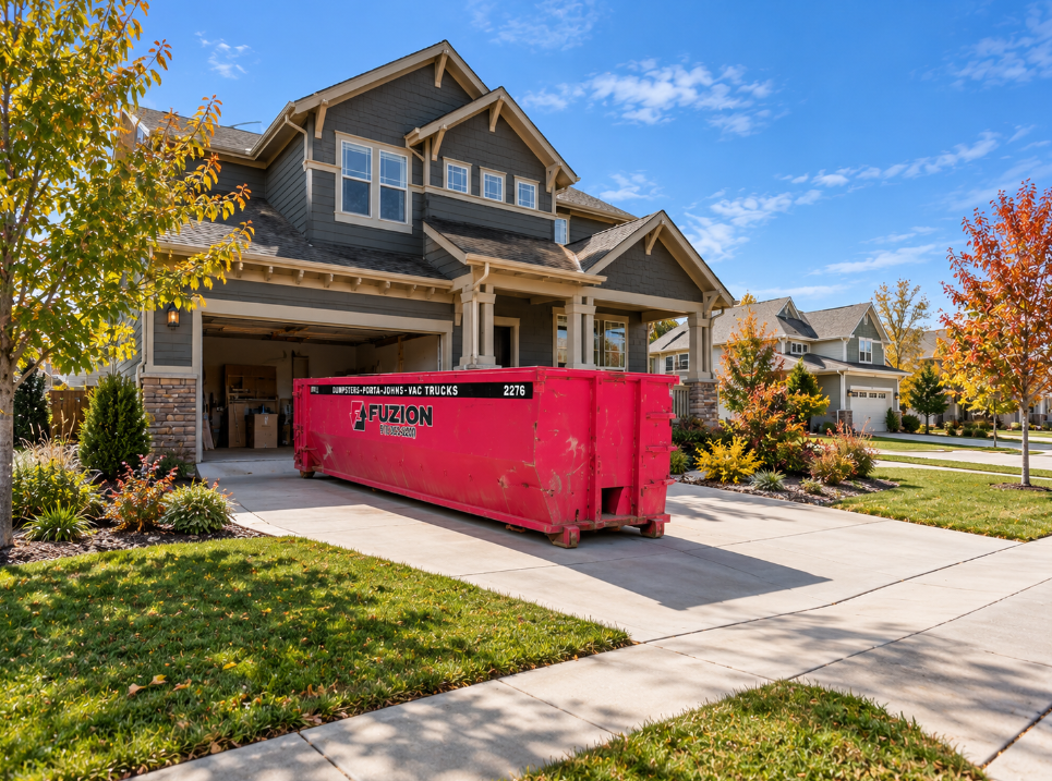 Fuzion dumpster placed in a residential driveway during a home project.